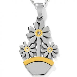  Steel Crystal Accented Flower Pot Two Tone Pendant with 17 Chain