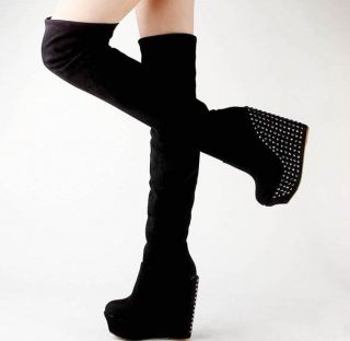  Sexy Studded Wedge Heel Shoes Over Knee High Boots Platform Shoes