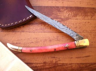 TNZ CUSTOM MADE TRUE DAMASCUS LAGUIOLE FOLDING KNIFE W STAINED BONE