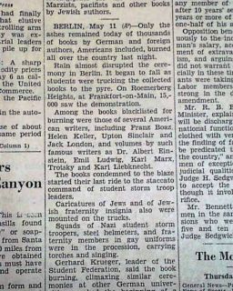 Germany Nazis Students Book Burnings Jewish Jews Holocaust Berlin 1933