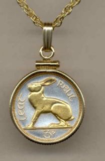 Gold on Silver Ireland 3 Pence Coin Rabbit Necklace in Gold Filled