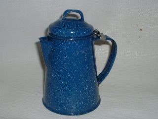 Campfire Coffee Pot W/Lid Blue & White enamel Cookware.