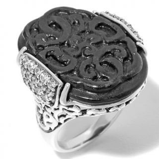 Jade of Yesteryear Carved Black Jade Oval Sterling Silver Ring