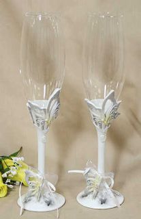 White w Silver Butterflies Wedding Champagne Glasses