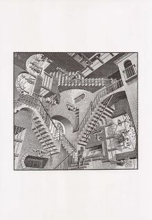 Escher Print Figures on Impossible Stairway Relativity