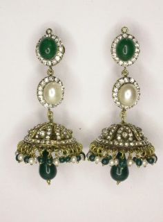 Golden Faux Emerald Pearl Kundan Victorian Jhukma Fashion Jewelry ECL