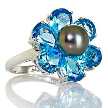 Designs by Turia 8 9mm Cultured Tahitian Pearl and Blue Topaz Floral
