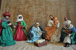   look Nativity SET of 6 detailed figurines 10 high w fabric costumes