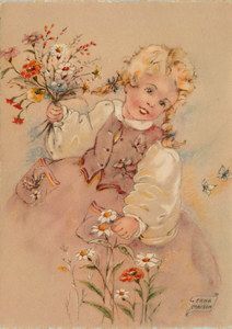 Artist Signed Erna Maison 1912 Girl Picking Wild Flower Vintage