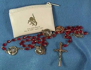 Pope John Paul II Red Rosary Beads & Commemorative Vinyl Case