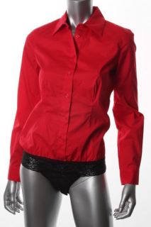 Famous Catalog New Red Poplin Button Front Fitted Lace Trim Bodysuit