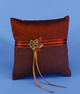Autumn Fall Theme Jeweled Maple Leaf Wedding Faux Suede Ring Pillow