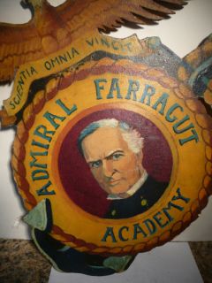 vintage 1940s folk art painting plaque ADMIRAL FARRAGUT ACADEMY