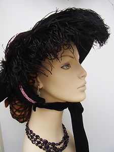 Civil War Dress Hat Victorian Bonnet Blk Velvet w 1800s Ostrich
