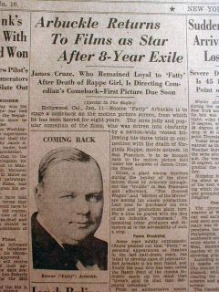 1930 newspaper Movie Star FATTY ARBUCKLE makes comeback 8 years after