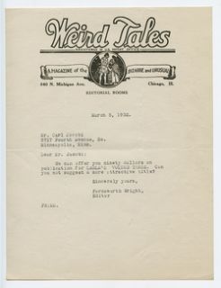 Farnsworth Wright Typed Letter to Carl Jacobi on Weird Tales