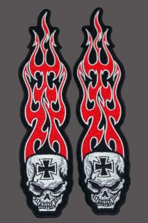 Long Flame Skull Cross Patch 7 inch Pair Biker Patch