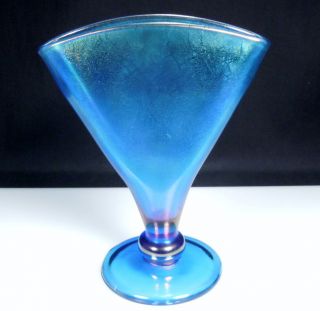 Fenton MMA Blue Stretch Iridescent Glass Fan Vase