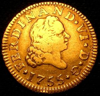 Ferdinand VI 1$ Gold Coin 1755 Spanish Gold Half Escudos Doubloon 22K