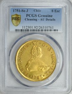 1751 gold 8 escudos chile extremely rare pcgs au