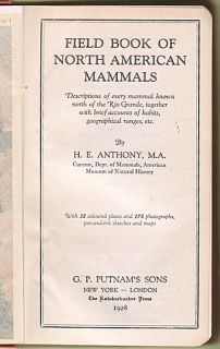 Field Book NORTH AMERICAN MAMMALS Anthony 1928 1st ed wildlife guide