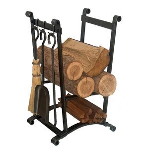 Compact Curved Wood Holder with Fireplace Tools
