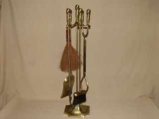 Brass Fireplace 6pc Tool Set Stand Clamp Poker Shovel Whisk Broom