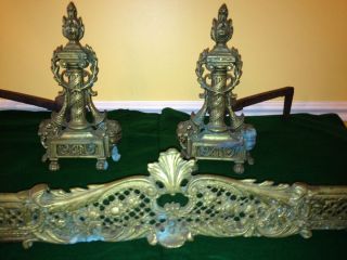 Antigue Vintage Brass Fireplace Fender with Andirons