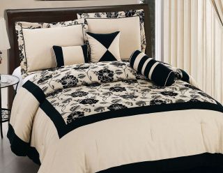 7pc Black Beigeg Flannel Peony Flower Comforter King Bedding Set Bed