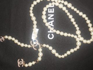 CHANEL Long Faux Pearl Crystal CC Logo Charm Adjustable Necklace Belt