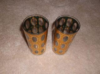 Two Mid Century Tumblers Drinking Glasses Gold Design