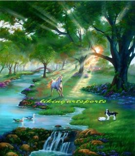 Wonderful Painting Horse and Dogs in Beautiful Forest