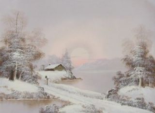 Forest Lake Cabin Winter Sunset Oil Painting on Canvas by Van Bell