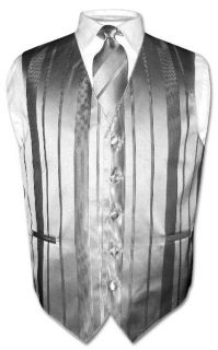 Mens Dress Vest Necktie Silver Grey Striped Woven Neck Tie Design Set