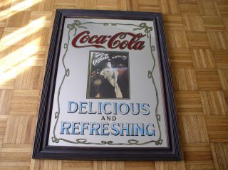 Coca Cola glass fountain mirror w/ wood frame and Coke sign logo