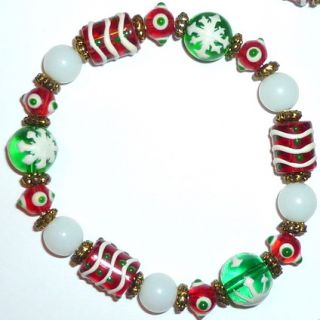 Christmas Red Green Candy Strip Snowflake Glass Bead Bracelet Necklace