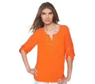 Susan Graver 1x Gauze Tunic Top with Beaded Embellishments Clementine