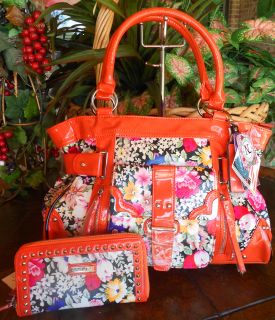 New Nicole Lee Camellia Flower Satchel Zipper Wallet Set Orange