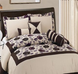 15pc Beige Flannel Comforter with Black Flowers w Matching Curtain Bed