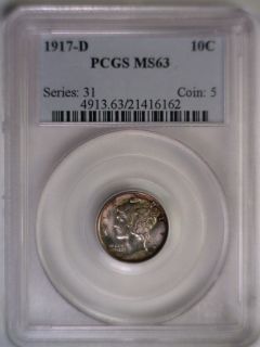  1917 D Mercury Dime PCGS Graded MS63
