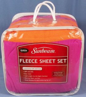 Sunbeam Queen Orange Pink Fleece Sheet Set Blanket New
