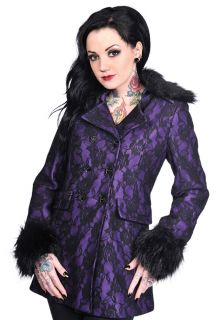 Living Dead Souls Gothic Purple Rose Lace Faux Fur Jacket Coat