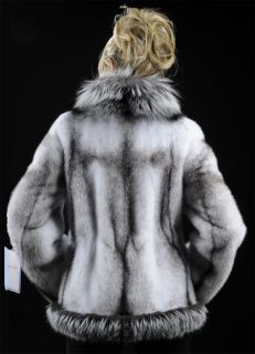 Black Cross Full Skin Mink Fur Jacket with Natural Silver Fox Trimming