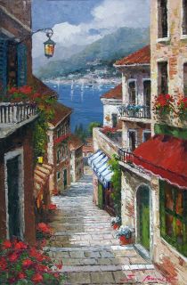 French Riviera Resort Village Street Ocean Boats Sea Stretched Lge Oil