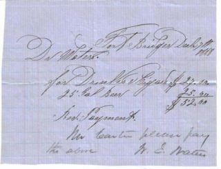 Old West 1868 Fort Bridger Wyoming Saloon Bar Bill for Beer and Cigars