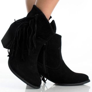 Black Suede Western Fringe Cowgirl Women Chunky Heel Ankle Boots Size