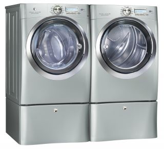  Silver Steam Washer and Steam Gas Dryer Laundry Set w Pedestals
