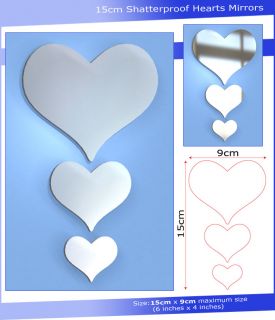 15cm x 9cm Shatterproof Acrylic Set of Hearts Mirrors   (6 x 4)
