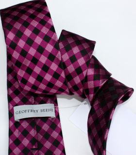 Geoffrey Beene Men Silk Tie Black Pink Purple Plaid Checker Board Slim