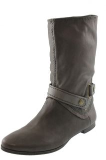 Nine West NEW Gellar Gray Leather Ankle Strap Flat Mid Calf Boots